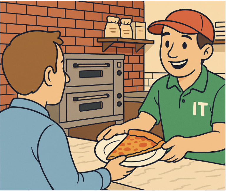 A pizza shop worker in a green shirt hands a plate with a pizza slice to a customer across the counter. Brick oven and shelves in the background.